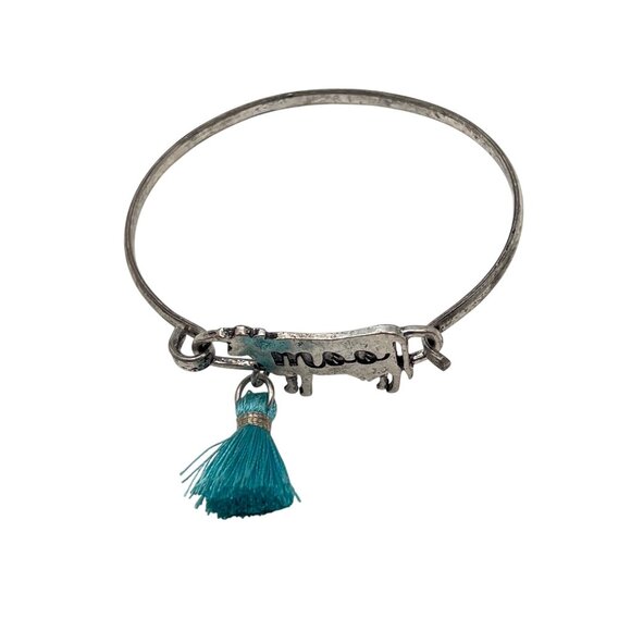 Cow Charm Silver Bangle Bracelet Moo Teal Tassel 7" Western Rancher Dairy Farmer - Picture 4 of 7